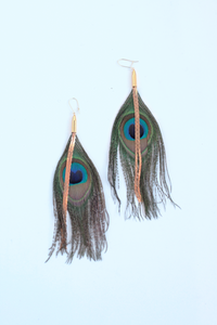 Vintage Chain and Peacock Feather Earrings - Turquoise
