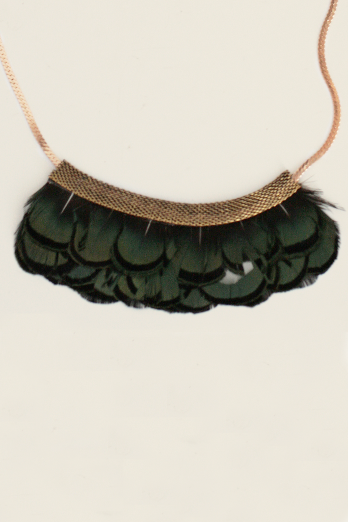 Mesh Feather Bib Necklace Green Serefina