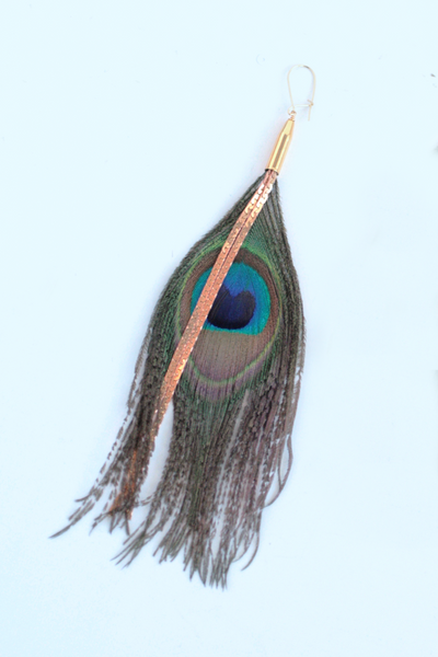 Vintage Chain and Peacock Feather Earrings - Turquoise
