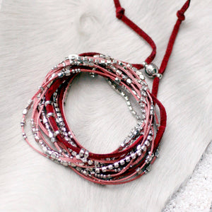 Glistening Strands Double Duty Wrap Bracelet/Necklace with Easy Magnetic Adjustable Clasp - Maroon