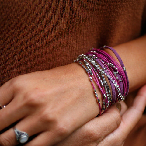 Glistening Strands Double Duty Wrap Bracelet/Necklace with Magnetic Adjustable Clasp - Violet