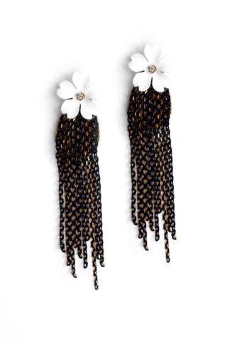 Flower and Chain Earrings - White