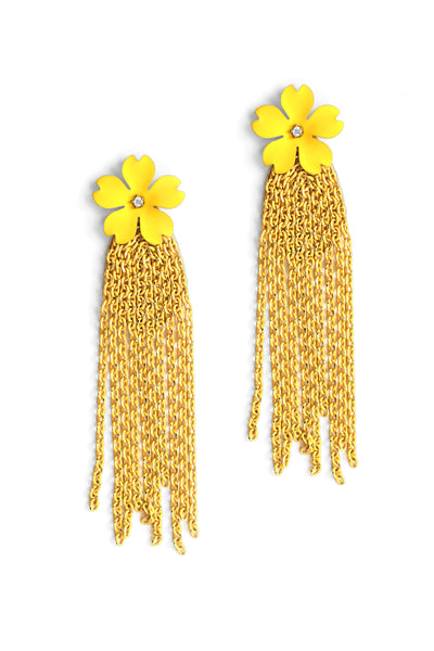 Flower and Chain Earrings - Yellow