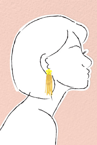 Flower and Chain Earrings - Yellow