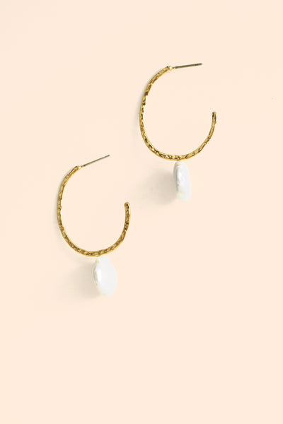 Open Hammered Hoop Coin Pearl Earrings