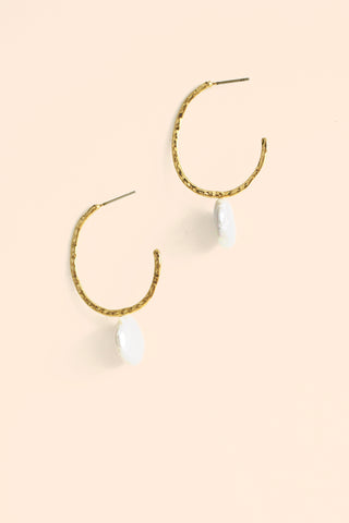 Open Hammered Hoop Coin Pearl Earrings