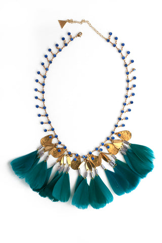 Crystal and Feather Bib Necklace - Teal
