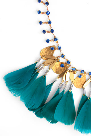Crystal and Feather Bib Necklace - Teal