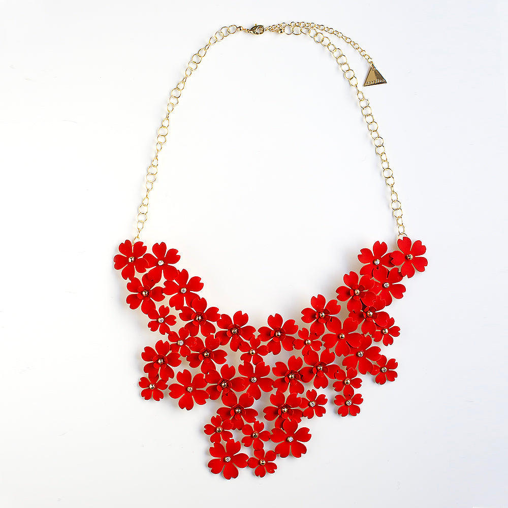 Mega Floral Statement Bib Necklace - Red