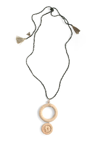 Raffia Circle Pendant necklace with Moonstone - Pearl