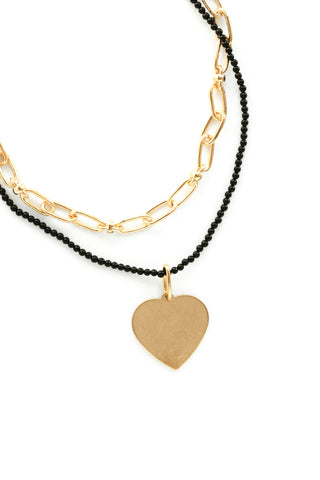 Layered Heart Charm Necklace - Black