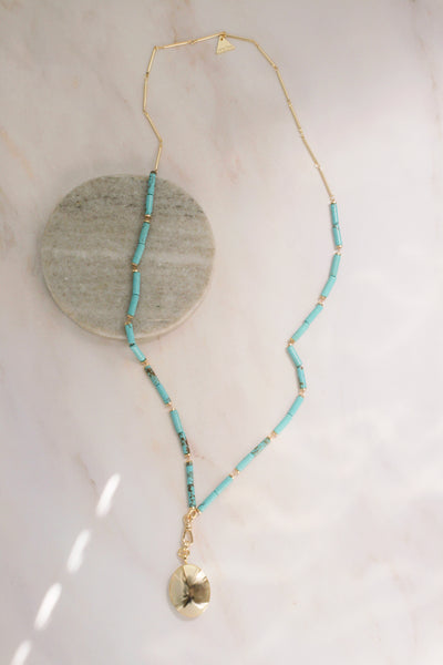 Long Turquoise Beaded Necklace with Gold Locket
