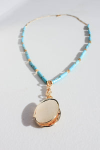 Long Turquoise Beaded Necklace with Gold Locket