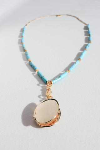 Long Turquoise Beaded Necklace with Gold Locket