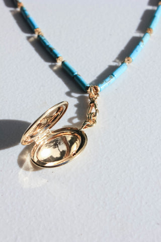 Long Turquoise Beaded Necklace with Gold Locket