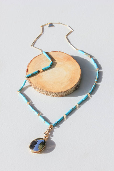 Long Turquoise Beaded Necklace with Gold Locket